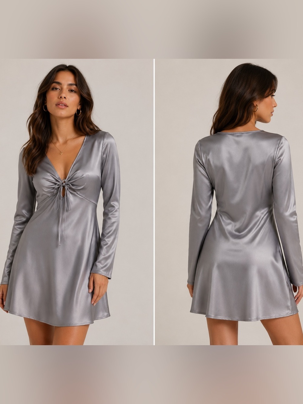 Zara Silver Satin Tie Front Mini Dress Long Sleeve Size M Night Out Chic